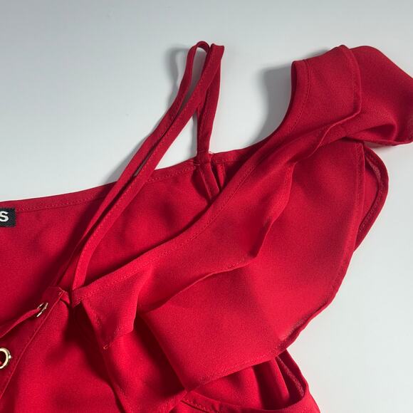 Express Women's Cold Shoulder Cami Top Size M Red Ruffle Lace Up Dressy Blouse - Picture 4 of 10